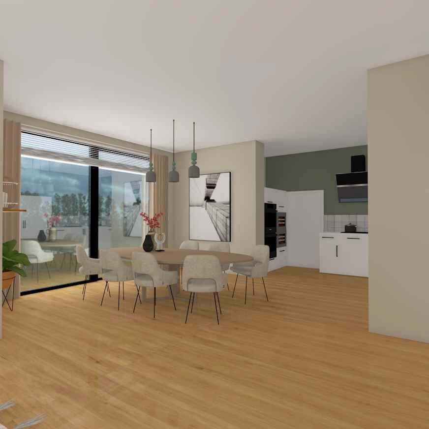 3D-impressie van de open leefruimte met brede houten vloer, een ovale eettafel met lichte stoelen, drie hanglampen, een schuifpui aan de linkerzijde en een keuken met groene wand op de achtergrond