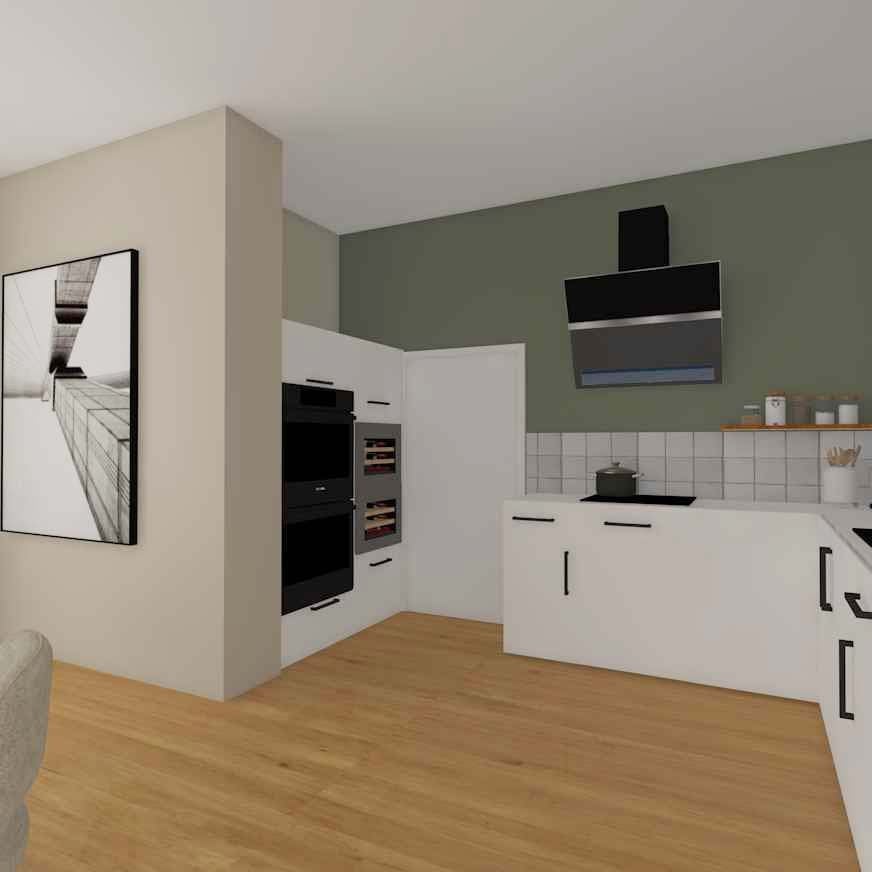 3D-impressie van de keuken met witte keukenkasten met zwarte grepen, een zwarte schuine afzuigkap, inbouwovens in een hoge kast, witte vierkante wandtegels en een groengeschilderde wand