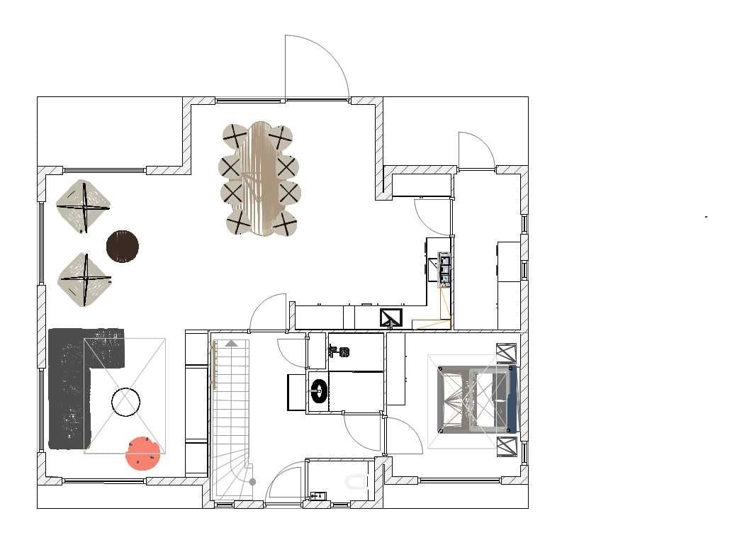 Plattegrond van de woning met meubelindeling: woonkamer met hoekbank en twee fauteuils, ovale eettafel, keuken, hal met trap, badkamer, toilet en een slaapkamer met tweepersoonsbed