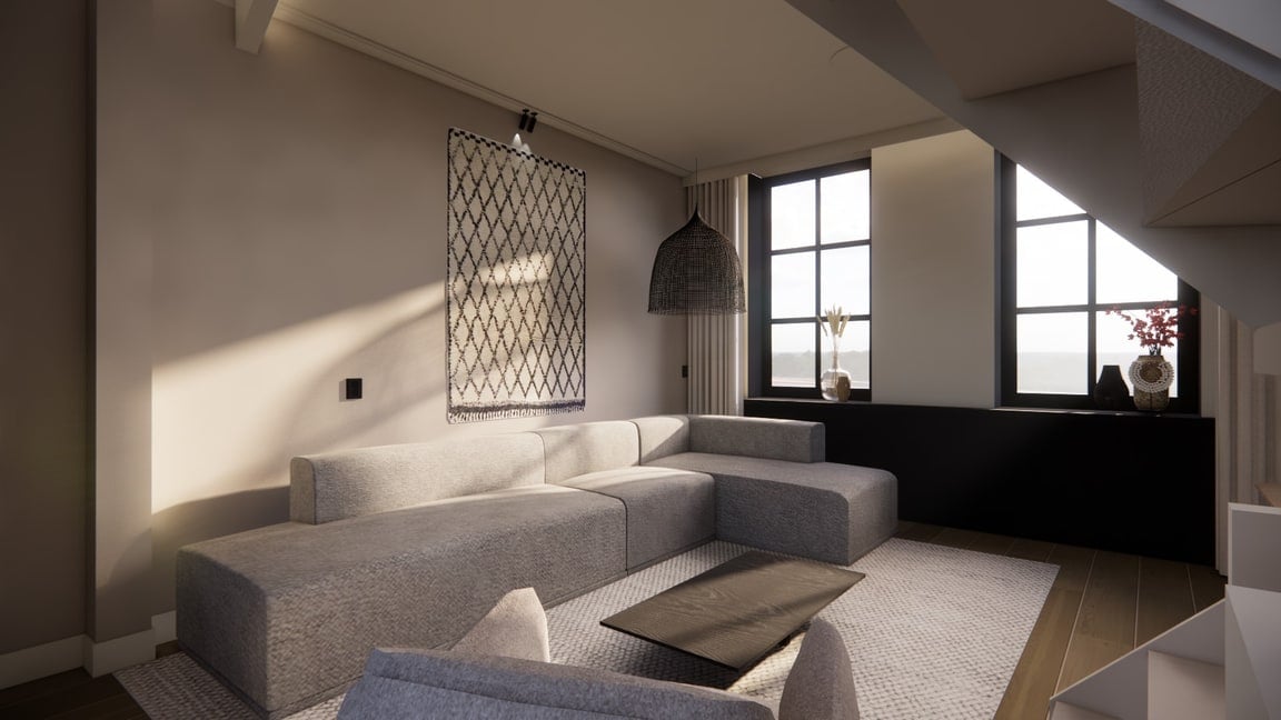 Render van de zithoek: een lichtgrijze hoekbank op een geweven vloerkleed, met daarboven een zwart-wit wandkleed en rechts twee hoge ramen boven een lage zwarte kast.