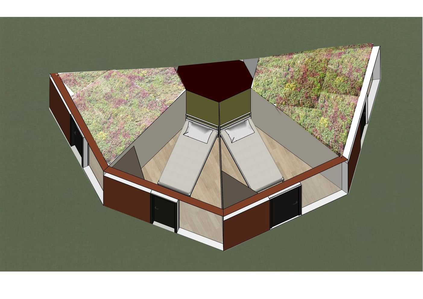 Doorsnede-render van een unit met twee bedden onder een schuin dak met sedumbeplanting.