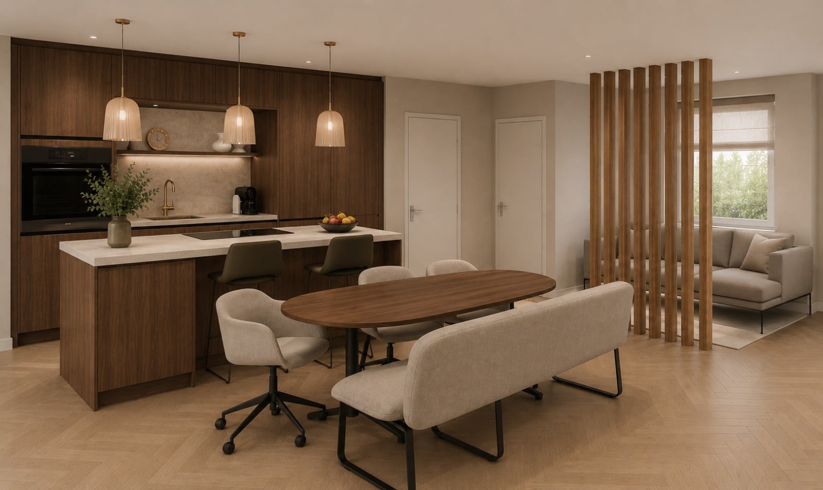 Eethoek met ovale notenhouten tafel, lichte beklede stoelen en een lange zitbank voor een keukenwand in donker hout met keukeneiland; drie hanglampen boven het eiland en visgraatparket op de vloer.