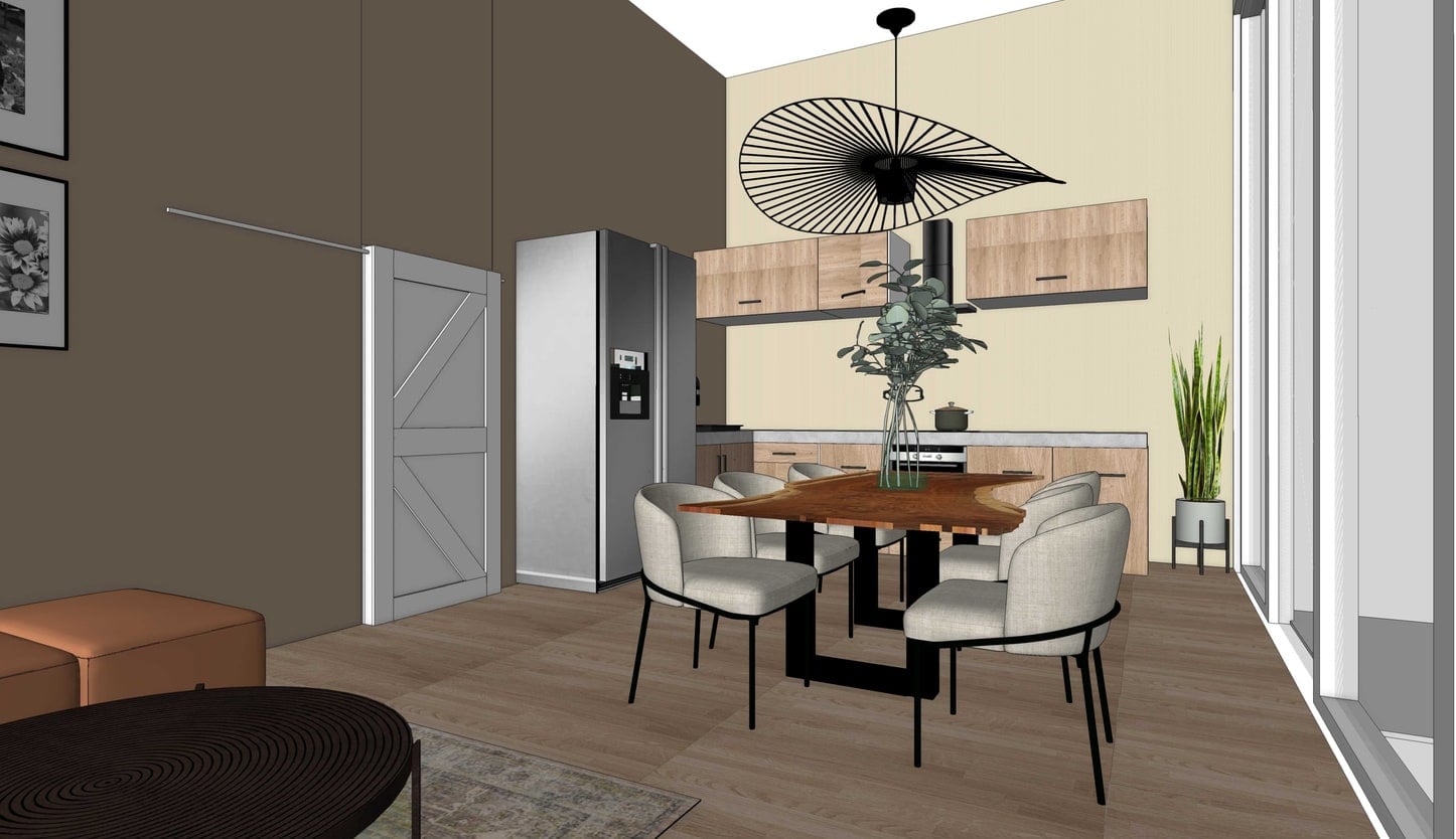 3D-render van een open woon-eetkamer met een houten eettafel met boomstamrand, zes lichtgrijs gestoffeerde stoelen en een grote zwarte waaiervormige hanglamp; op de achtergrond een keuken met houten kastfronten, een grijze koelkast en een schuifdeur in een donkerbruine wand (cover)
