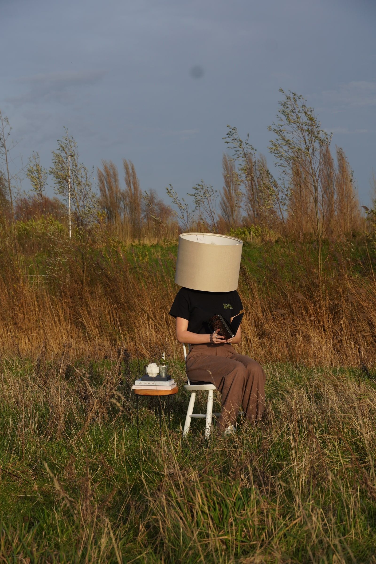 Iemand zit met een beige lampenkap over het hoofd op een wit krukje in hoog verdord gras, met naast zich een laag tafeltje met een stapel boeken en een kaars, onder een grijsblauwe lucht